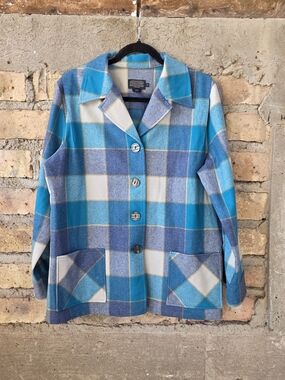 Vintage Pendleton 100% Virgin Wool Plaid Jacket Coat Blue Made in USA